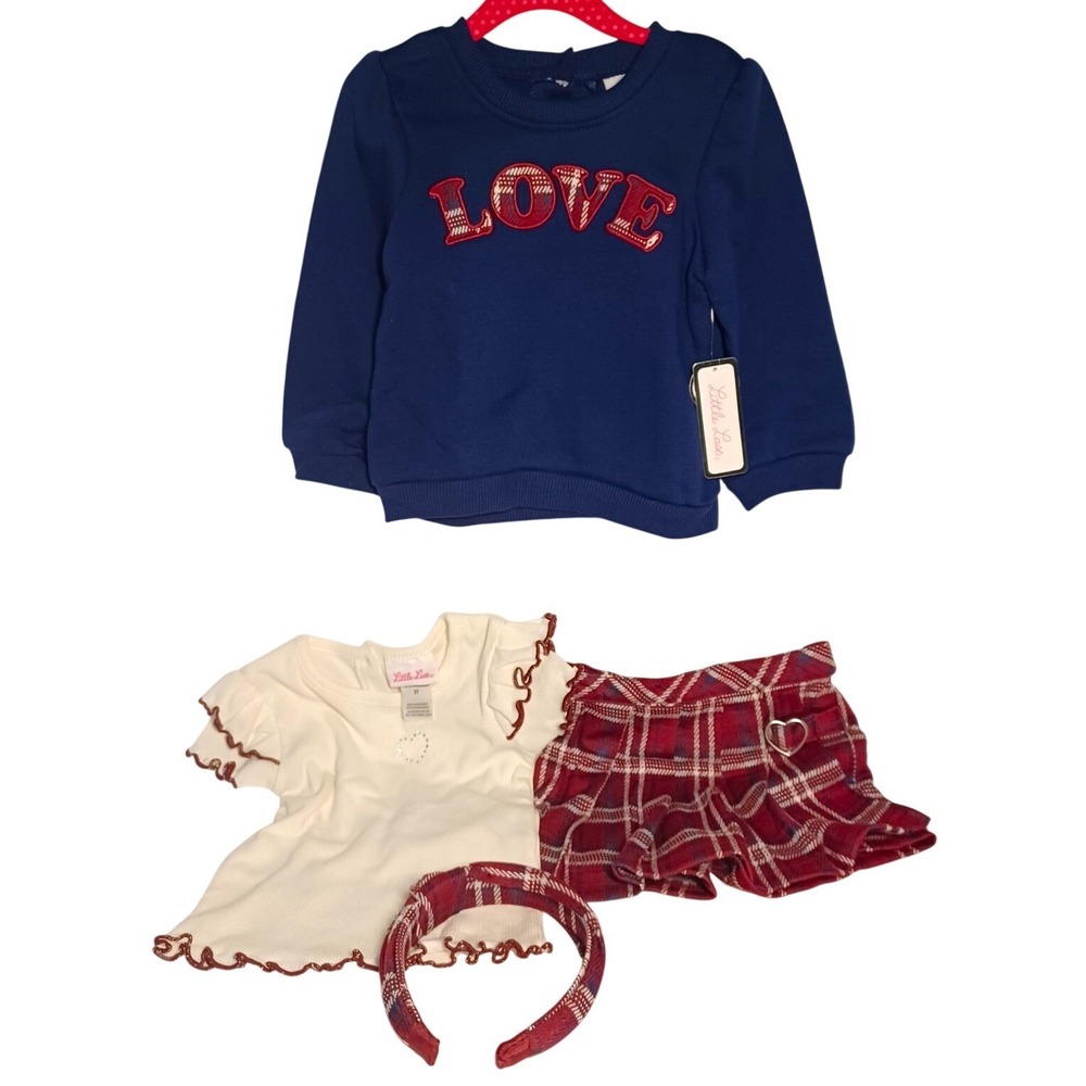 Little Lass Girls 4 Piece Set Navy Love Sweatshirt Plaid Skort Headband 2T New